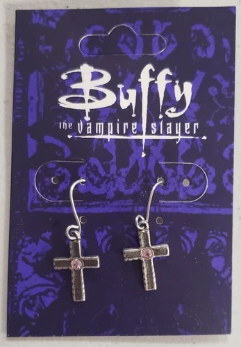 Buffy The Vampire Slayer Pink Gem Cross Earrings