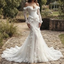 Boho Mermaid Wedding Dress Off Shoulder Lace Flowers Applique Train Bridal Gowns