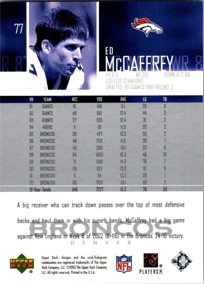 Ed McCaffrey 2003 Upper Deck #77 Denver Broncos - Image 2 of 2