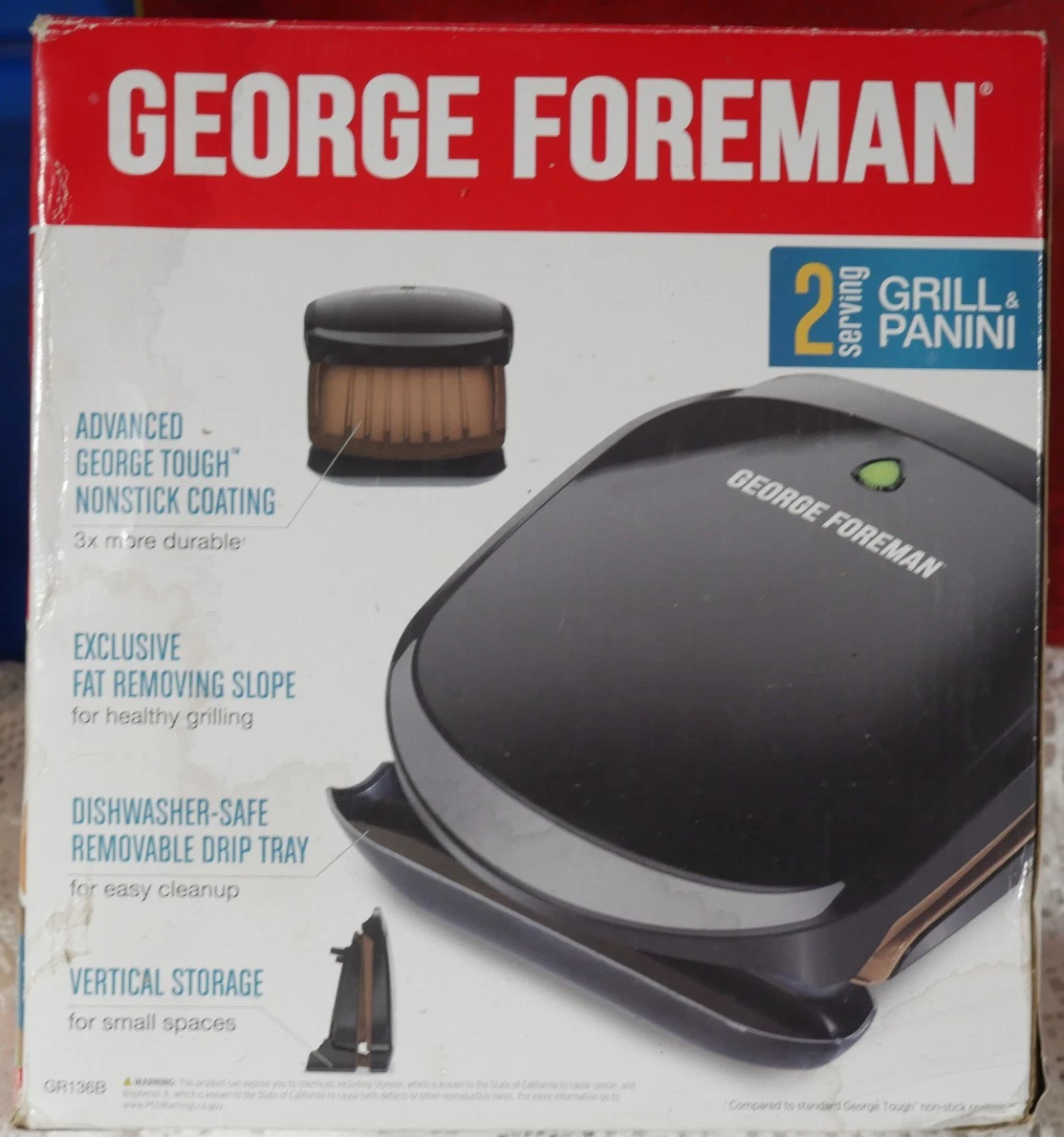 NIB GEORGE FOREMAN GRILL PANINI GR136B COMPACT SZ GEORGE TOUGH NONSTICK COATING