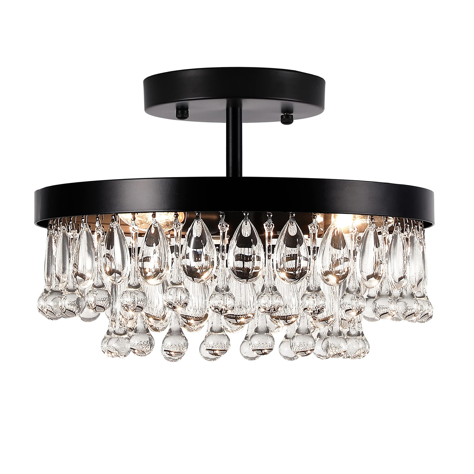 -Light Vintage Black Crystal Drops Close to Ceiling Light Fixture Round Tiere...
