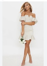 Pretty Little Things Champagne Crinkle V Bar Puff Sleeve Bodycon Dress Size 0