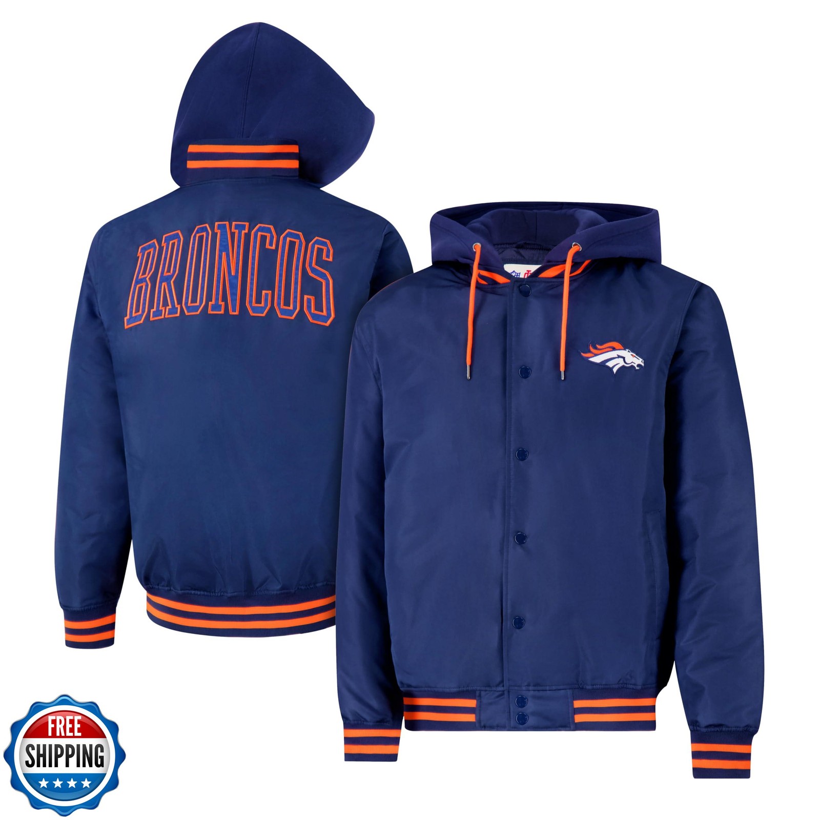 Ultra Game Adults NFL Official Hooded Bomber Satin Jacket, Denver Broncos, Te