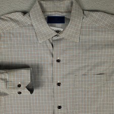 David Donahue Shirt Mens 16.5 Brown Blue Check Dress Button Up Long Sleeve