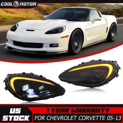 Pair Full LED Headlights For 2005-2013 C6 Corvette Front Lamp DRL Light Assembly