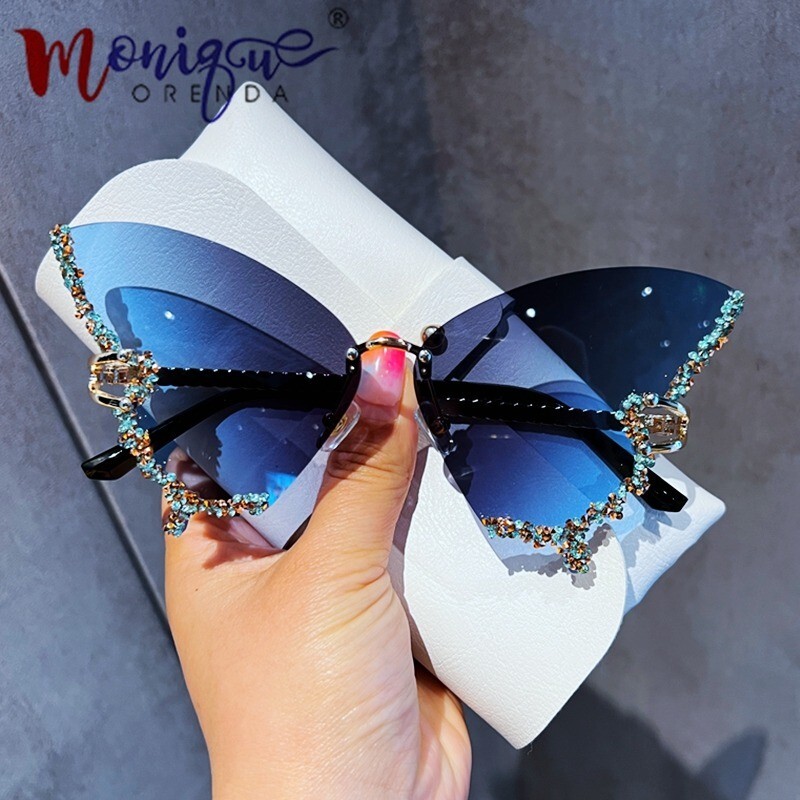 Luxury Diamond Butterfly Sunglasses 65*71mm Size Lense Rimless Oversized Eyewear