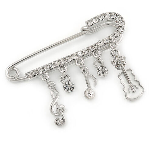 Musical Note Charms Crystal Safety Pin Brooch in Silver Tone/ 50mm Across - Picture 1 of 4