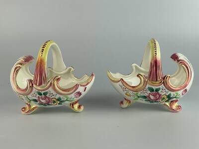 Pair of Vintage Japan Horn of Plenty Cornucopia * Pink Floral Hand Painted
