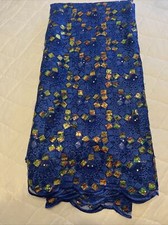 Royal Blue Geometric Embroidered African French Lace Tulle Fabric With Sequins