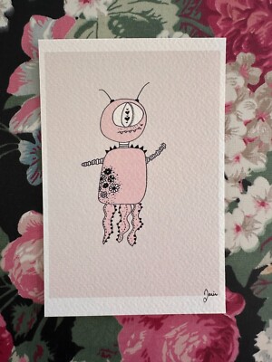 Cute Pink Alien Original Doodle Indie Art Print Licensed Signed