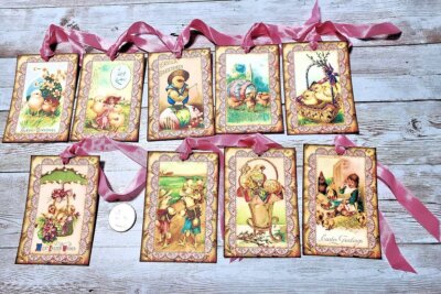 9~Easter~Vintage~Chicks~Pink~Linen Cardstock~Gift~Hang~Tags