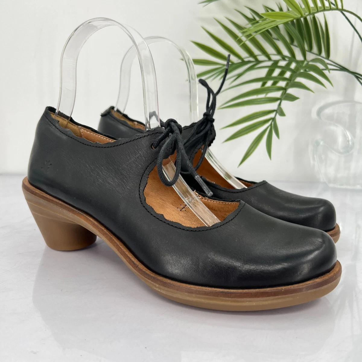 El Naturalista Aqua Heel Shoes Women 37 7 Black Lace Up Comfort Pumps Boho