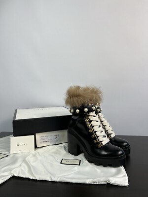 Gucci Women's Magnum Calfskin Fur Shoes Pear Leather Boots Black Size 37 G