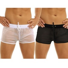 Men Mesh Sheer Beach Boxers Shorts See Through Drawstring Swim Panties Underwear
