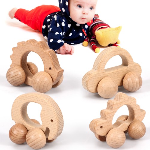 4Pcs Wooden Toys Cars for Baby 6 to 18 Months Montessori Holding Car