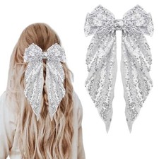 Sequin Bow Hair Ribbon Clips for Women - Glittering Bows - Disco Silver