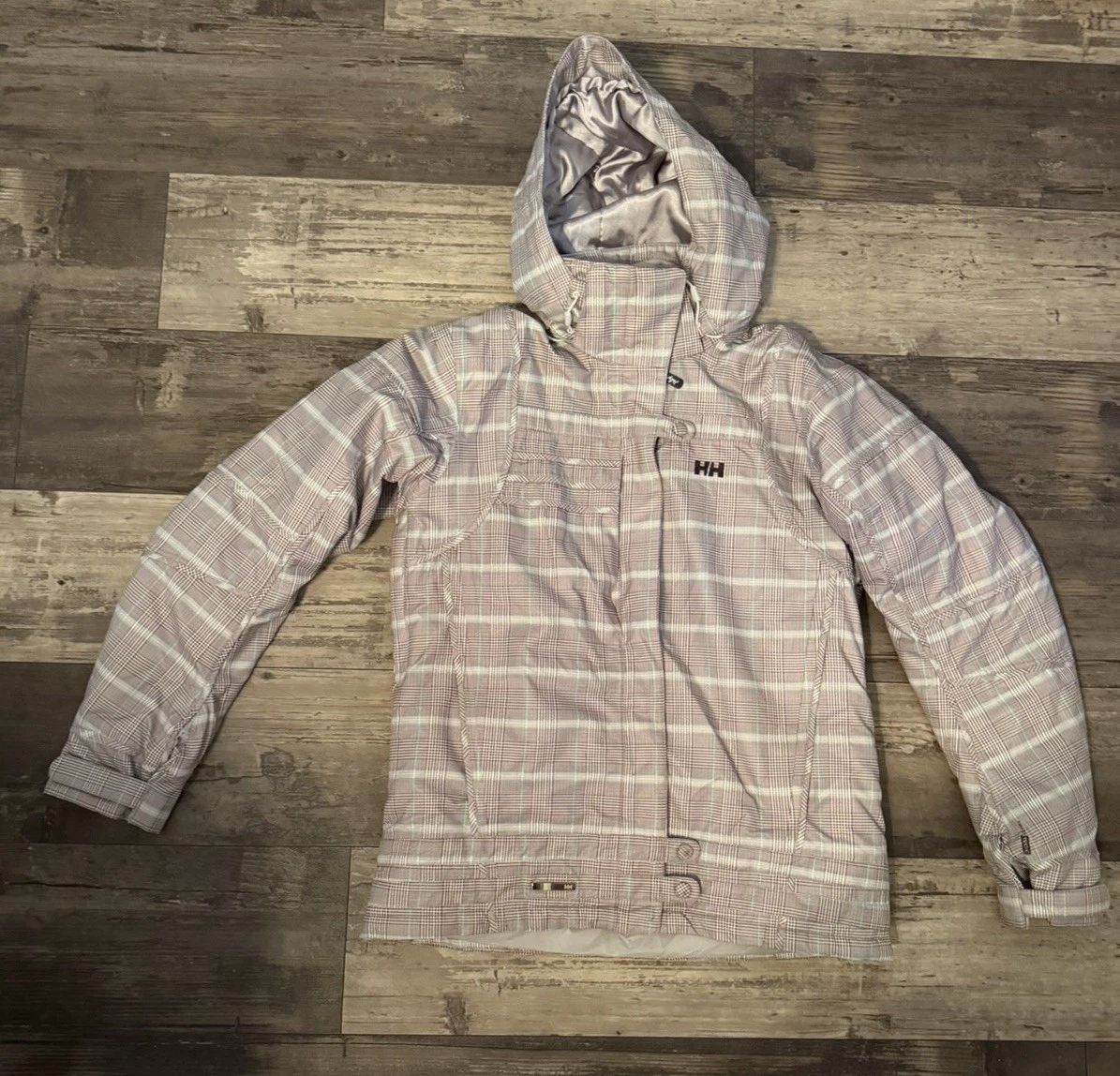 Helly Hansen Women’s Plaid Hooded Ski Snow Jacket Large Green Brown Winter Coat