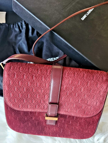 New YSL Saint Laurent Burgundy Suede Monogram HandBag w Box & Dust Cover