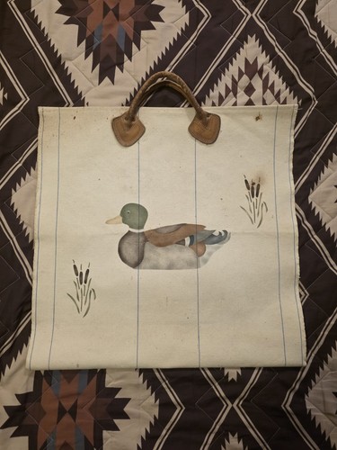 Vtg 70s 80s Sawtooth Tag LL Bean Canvas Log Tote Firewood Bag Duck Print RARE
