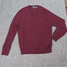 Polo Ralph Lauren Sweater Mens Large Burgundy Pony V Neck Washable Merino Wool