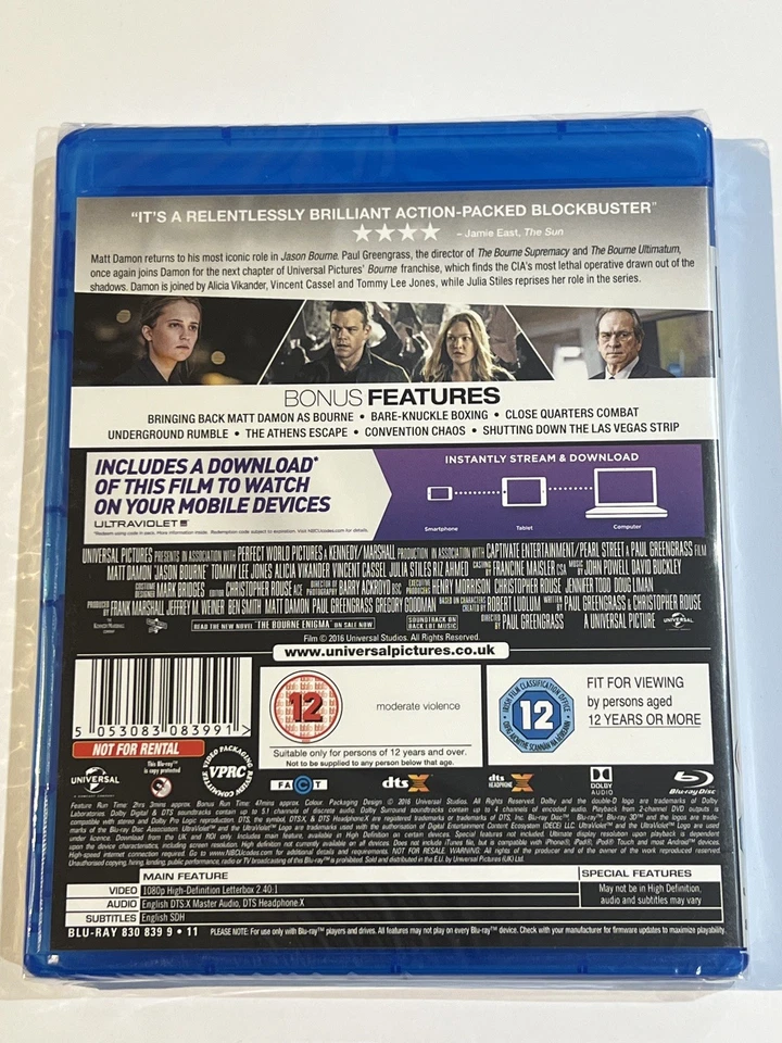 JASON BOURNE BLU RAY 2016 MOVIE FILM NEW SEALED MATT DAMON TOMMY LEE JONES  - Image 2 of 2