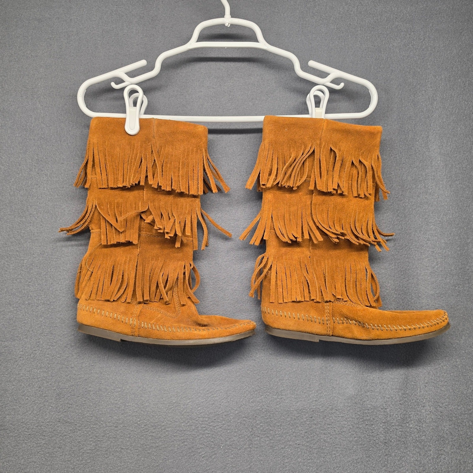 Minnetonka Fringe Boots Womens 7 Brown Suede Moccasin Mid Calf Boho