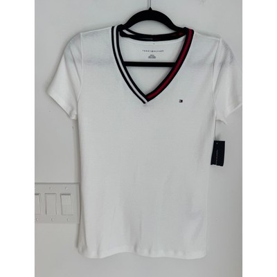Tommy Hilfiger Womens White V-Neck T-Shirt Striped Trim Logo S NEW Classic