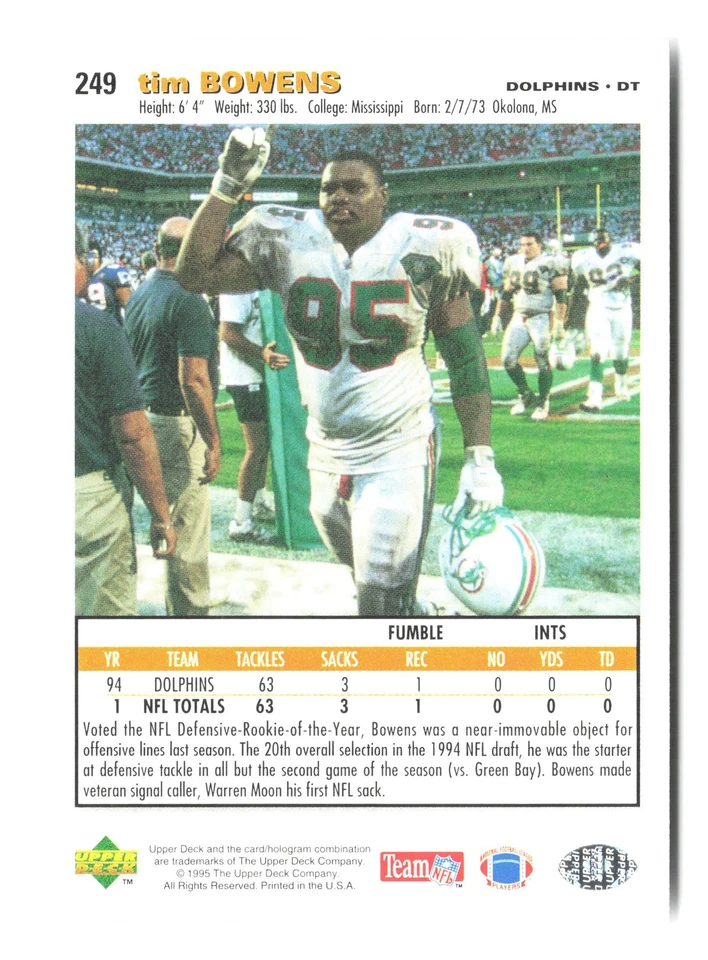 1995 Collector's Choice #249 Tim Bowens Player's Club - Image 2 of 2