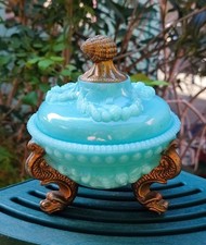 ANCIEN DRAGEOIR OPALINE BLEUE VALLERYSTHAL COQUILLAGES PIEDS TRITONS 16,5CM#9522