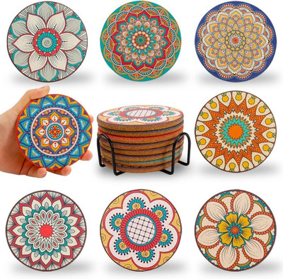 Cork Coasters Set of 8,Round Boho Coasters for Drinks,Cute Colorful Coaster with
