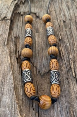 Lederband Kette Thor VIKING RUNE Wikinger Schmuck Mittelalter Perle Holz E10