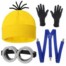 4 Pcs Halloween Costume Accessories Adults-Yellow Beanie Hat/Goggles/Gloves/Susp