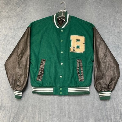 Aelfric Eden Varsity Bomber Jacket Men Medium Green Black Snap Front Long Sleeve