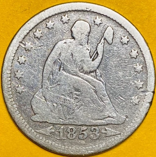 1853 (Arrows & Rays) U.S. SEATED LIBERTY SILVER QUARTER 25c COIN (Fine)k