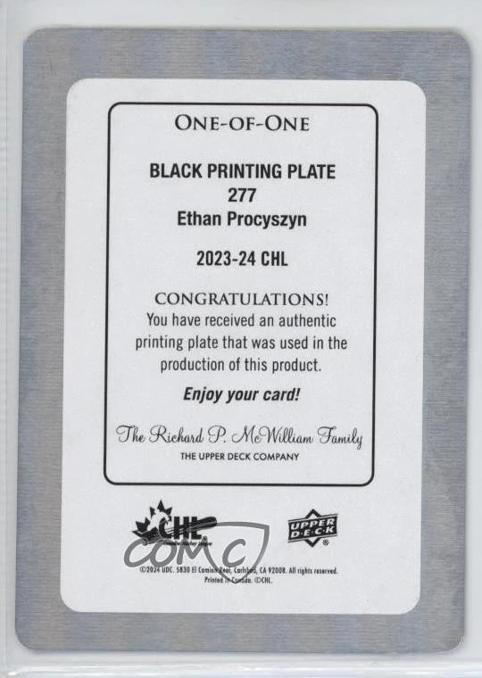 2023-24 Upper Deck CHL Printing Plate Black 1/1 Ethan Procyszyn #277 10x3 - Image 2 of 3