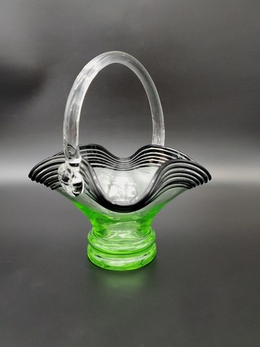 Green Glass Ruffle Basket W Fused Black Glass Stripes & Clear Applied Handle - Picture 5 of 12
