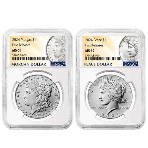 2pc Set - 2024 $1 Morgan and Peace Silver Dollar NGC MS69 FR Morgan & Peace L...