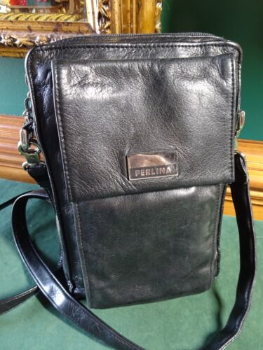 PERLINA NEW YORK BLACK LEATHER CROSSBODY ORGANIZER BAG, UNISEX,