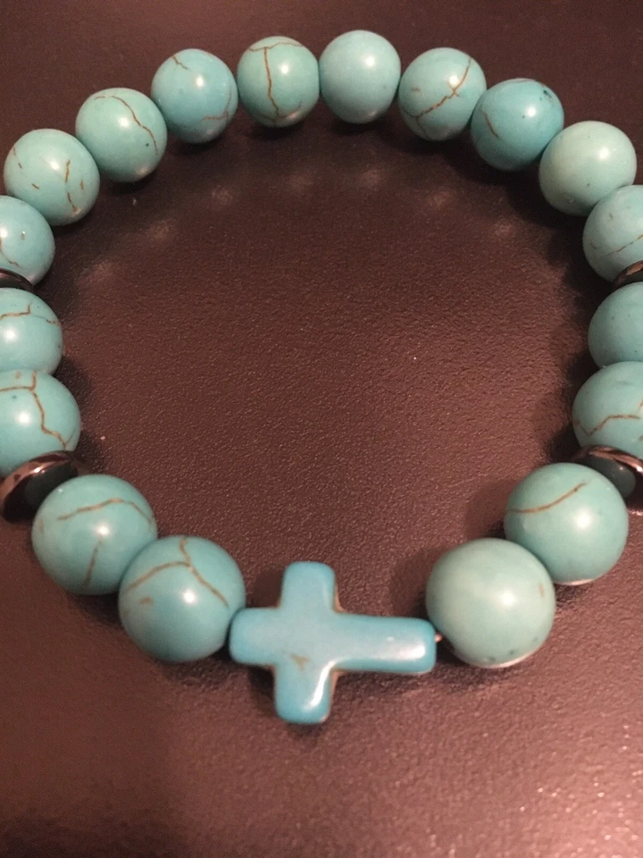 Mens 8” Turquoise Green Gemstone Howlite Beaded 10mm Stretch Bracelet Cross Gift - Image 4 of 4