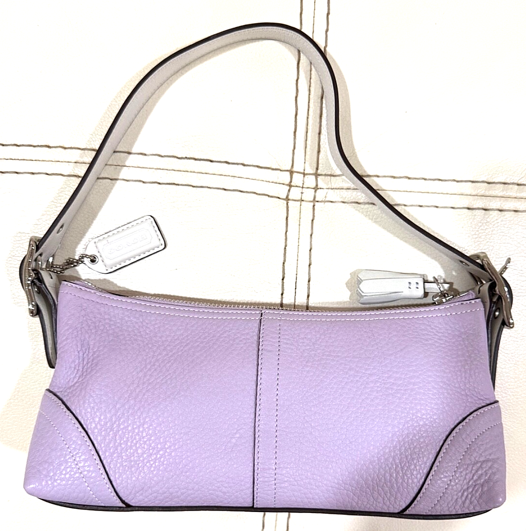 Coach Demi Baguette Bag Purple Pebble Leather White Strap