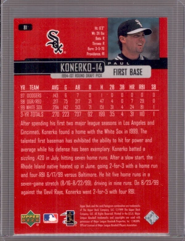 PAUL KONERKO 2000 Upper Deck #81 UD Exclusives Parallel #001/100 - Image 2 of 2