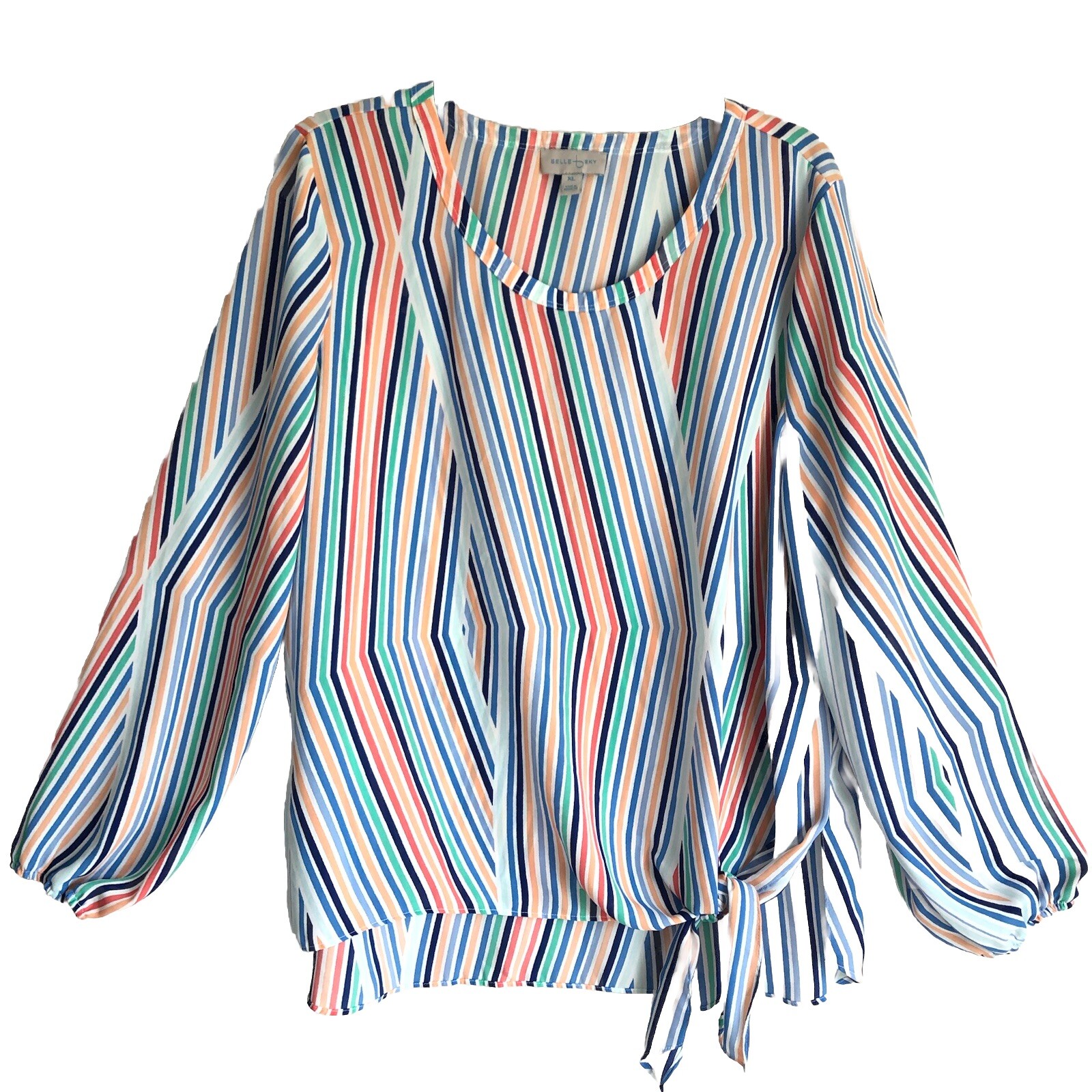 Belle Sky Sz XL Striped Long Sleeve Tie Front Blouse