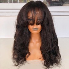 Yaki Wavy Human Hair Wig with Bangs Full Machine Made Scalp Top Brazilian Remy