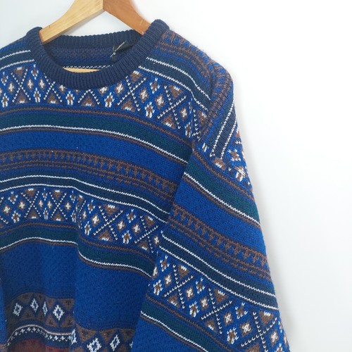 Knit Jumper Mens Size L / XL Blue Geometric Long Sleeve Oversized Y2K Acrylic - Picture 5 of 13