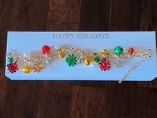 Gold Tone Holiday Christmas Bow Jingle Bell Faux Pearl Crystal Rolo Bracelet 8"