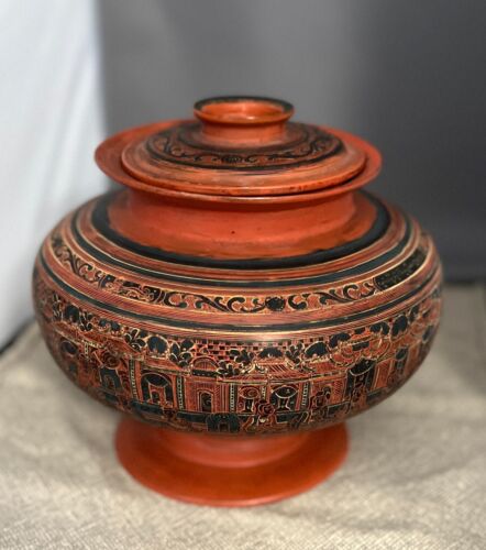 Antique Burmese 3 Piece Lacquer Temple Offering Bowl Stand Rich Orange & Black