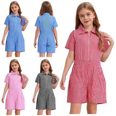 FREEBILY Kids Girls School Uniform Playsuit Short Sleeve Check Summer Dress Jumpsuit