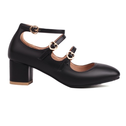 Women's Mid Block Heel Shoes Black/White Faux Leather Square Toe Mary Jane Pumps - Picture 9 of 39