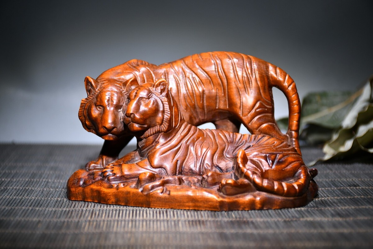 Chinese Vintage Boxwood Wood Carving Exquisite Tiger Statue