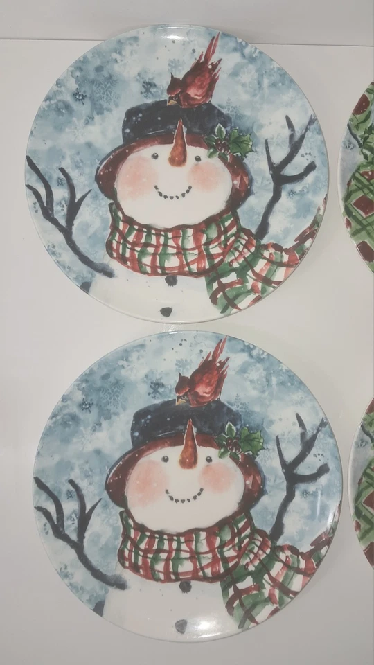 Pratos vintage aquarela boneco de neve 4 Susan Winget 9"D sobremesa salada certificado internato - Imagem 2 de 4